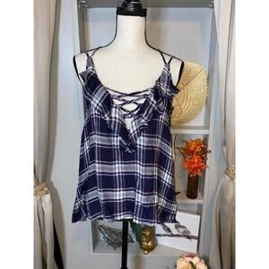 NWT Row A size Medium Moxie Lace Up Ruffle Top Navy Blue Plaid